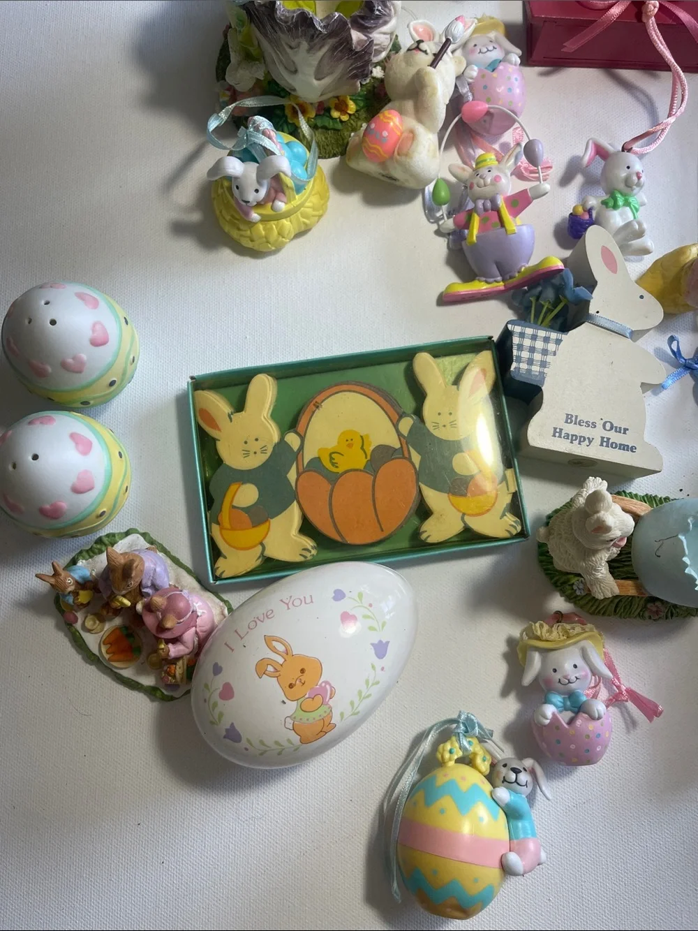Vintage Easter Decor over 50 pieces bunnies, eggs, ornaments, pastel colors